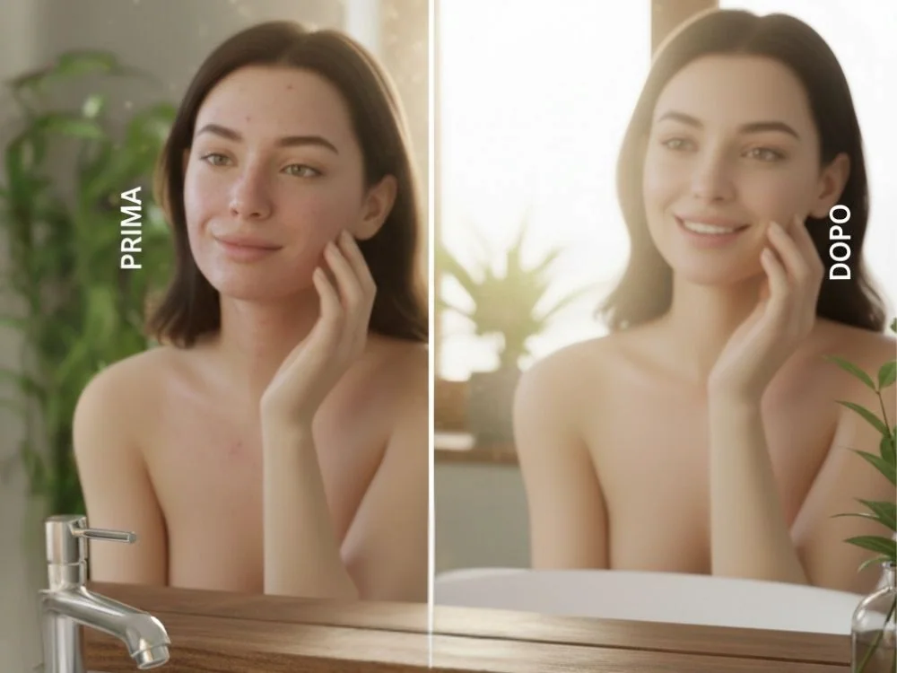 Rimedi per acne : Donna allo specchio che confronta pelle acneica e pelle guarita grazie alla bava di lumaca pura