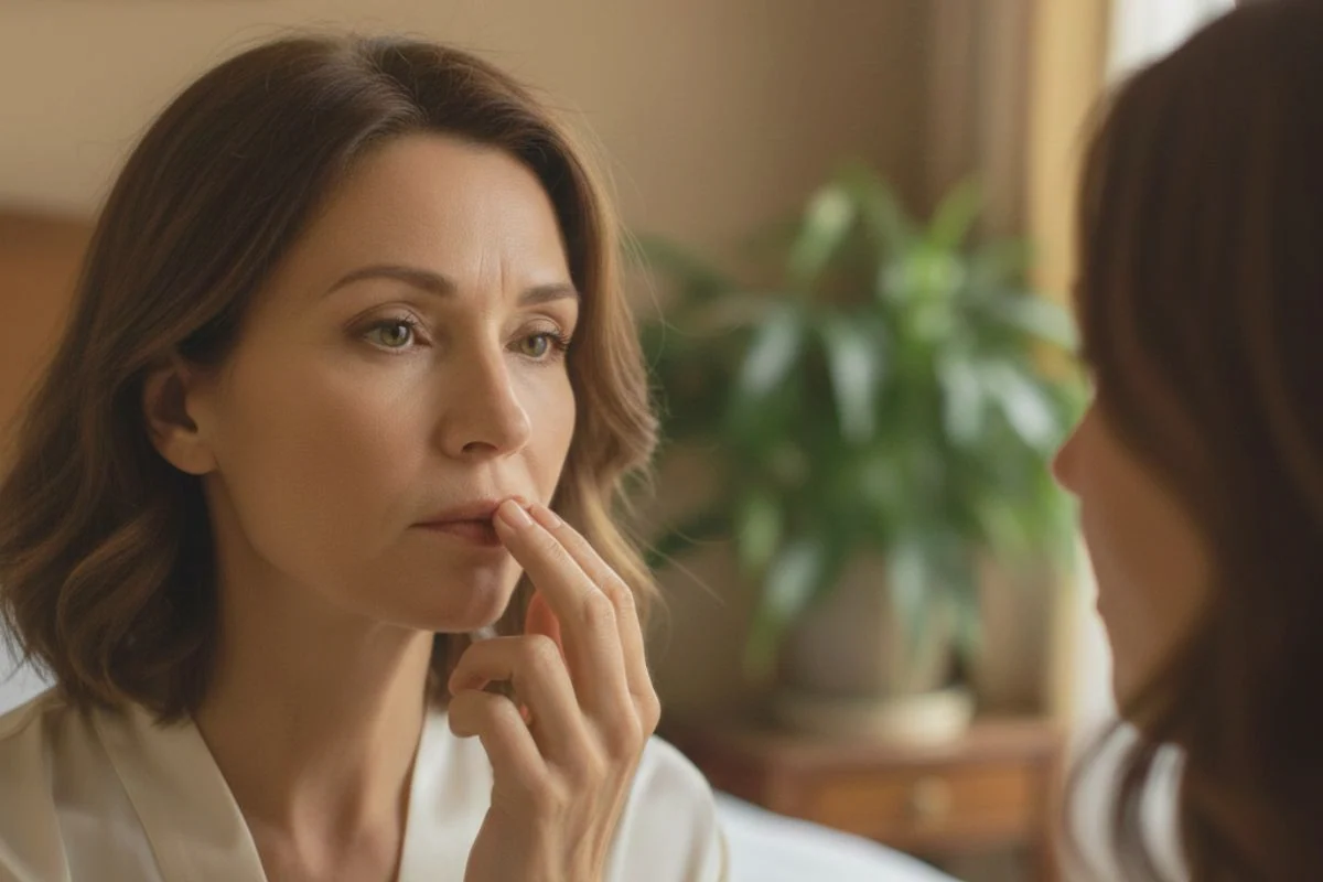 donna davanti allo specchio che guarda le rughe intorno alle labbra