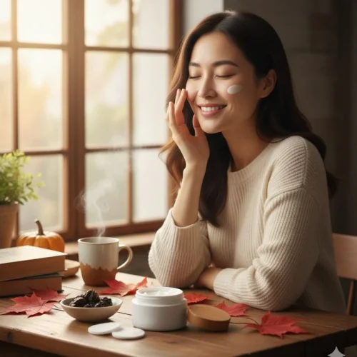 Donna sorridente che applica crema viso, consigli pratici skincare autunnale Helix Extra