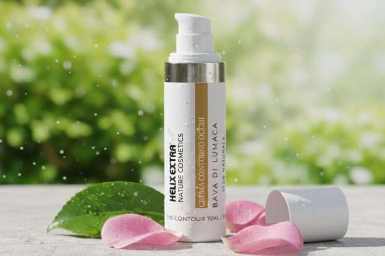 Crema contorno occhi alla bava di lumaca Helix Extra su sfondo naturale con petali di rosa