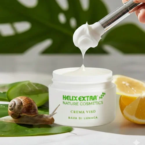 Dettaglio della texture densa della crema viso Helix Extra alla bava di lumaca con ingredienti naturali e chiocciola