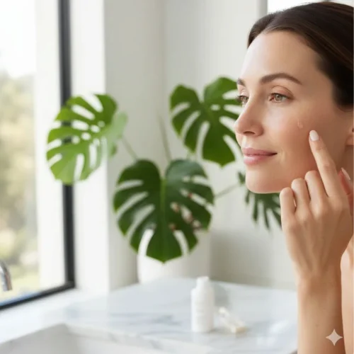 Donna che applica una goccia di siero alla bava di lumaca sul viso in un bagno luminoso con piante, routine di bellezza naturale"