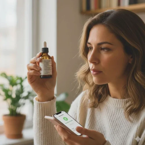 Donna che esamina attentamente l'etichetta INCI di un flacone di siero viso per controllare la sicurezza degli ingredienti