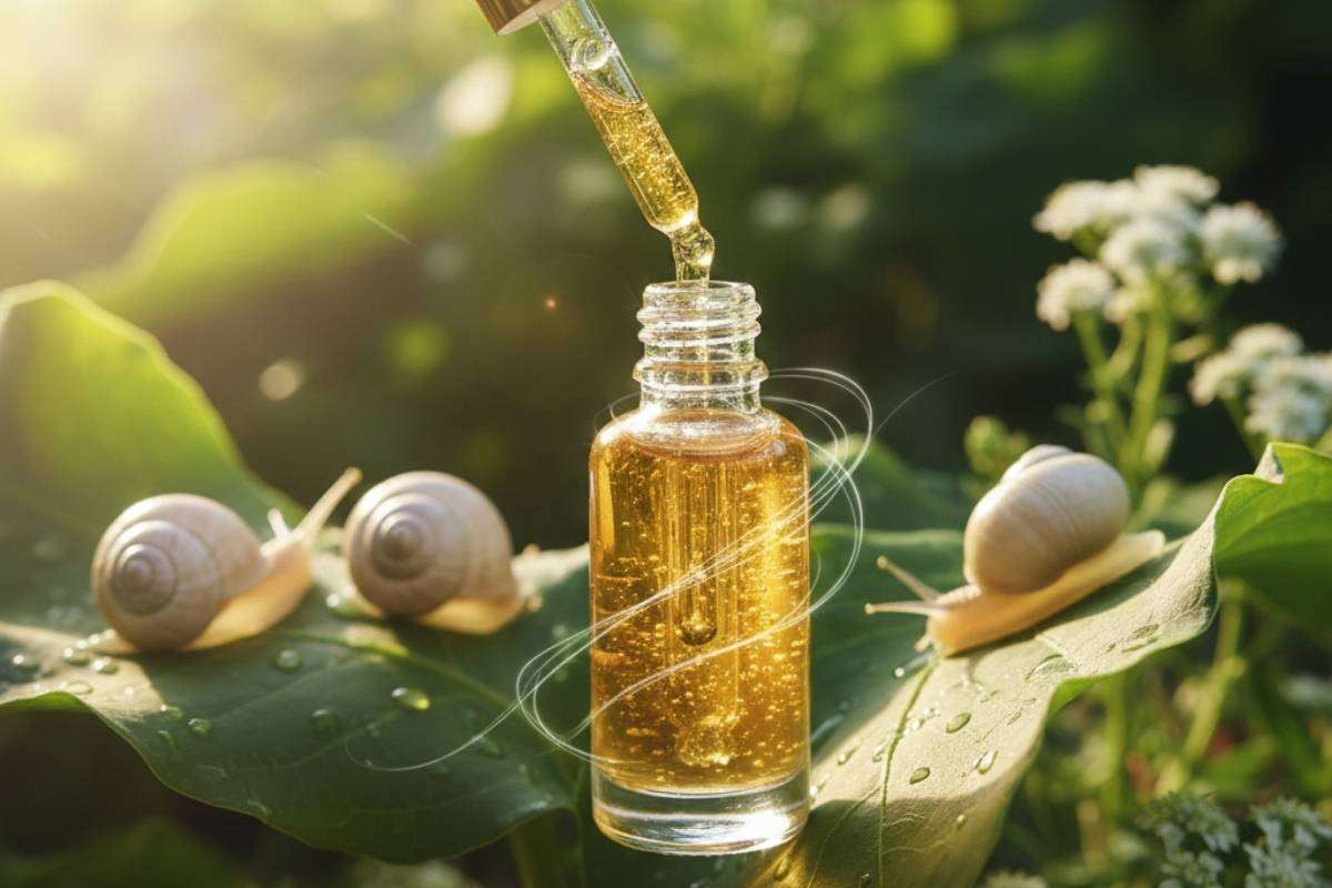 Siero rigenerante alla bava di lumaca per rughe e macchie viso, texture dorata e pura in ambiente naturale.