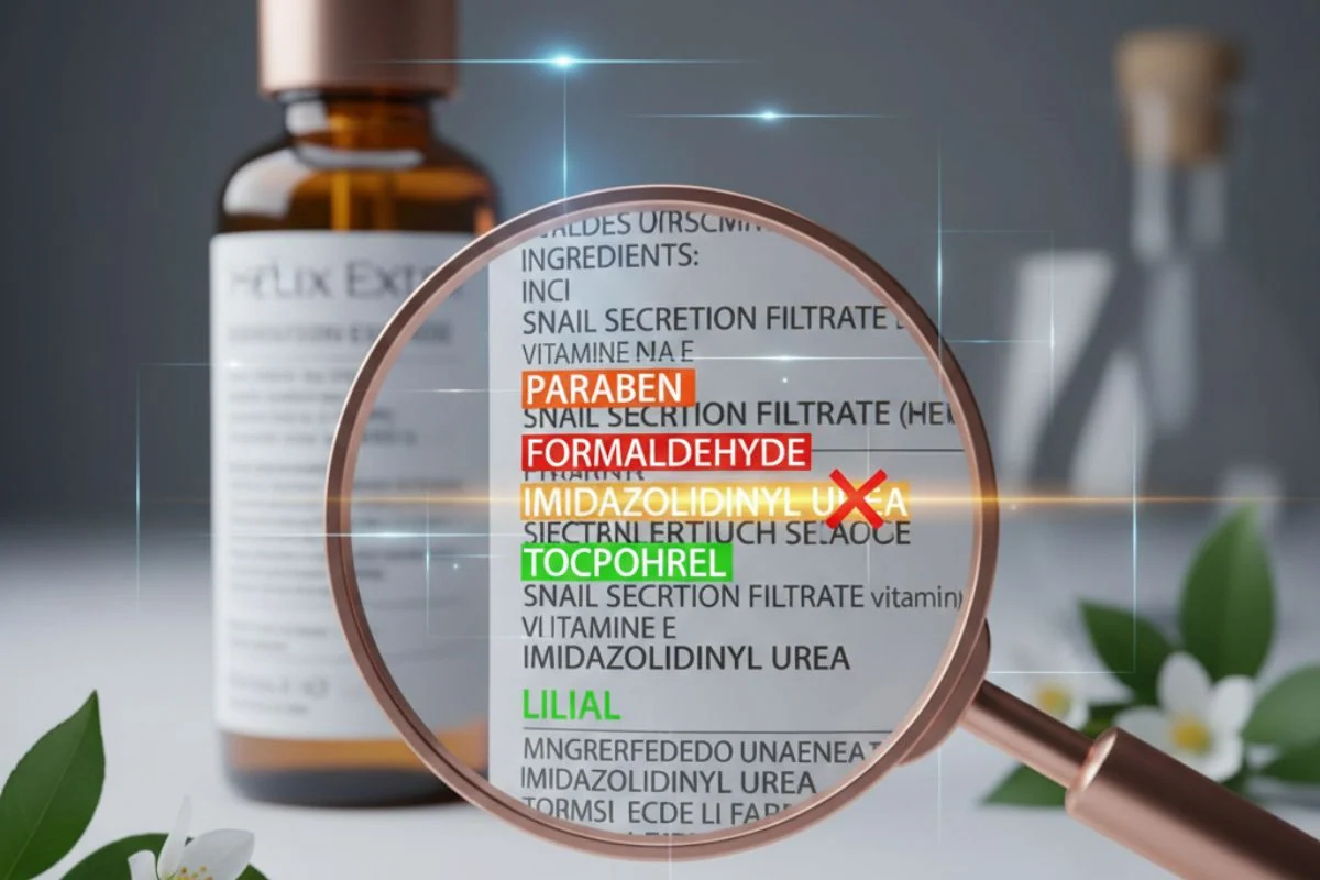 Lente d'ingrandimento su etichetta INCI che evidenzia ingredienti cosmetici naturali e sostanze da monitorare come parabeni e formaldeide